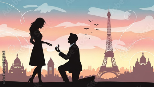 Romantic proposal in paris, eiffel tower silhouette at sunset, couple in love, marriage, engagement, vacation, travel