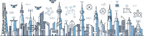 Smart City Skyline Sketch with Drone Delivery and Future Technology Network.