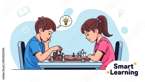 Boy and girl playing chess, strategy and thinking, kids learning game