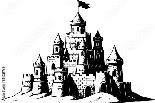 Fairytale Castle Vector Illustration Black and White Outline Fantasy Building for Coloring Book
