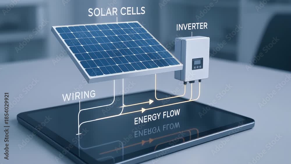Solar energy system concept with solar cells inverter wiring showing ...