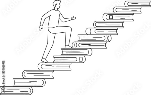 A student or learner climbs a stairway of stacked books symbolizing education knowledge and personal development