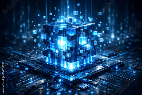 Digital Realm: A luminous digital cube pulsates with energy atop a complex circuit board, a striking visual representation of the interconnected world of technology and data processing.