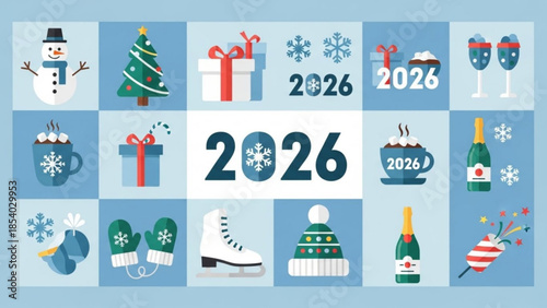 Winter holiday and new year's eve 2026 celebration icons with snowman, tree, gifts, hot chocolate, ice