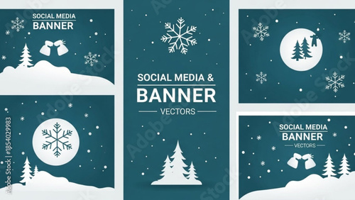 Winter social media banner templates with snowflakes and pine trees on blue background for festive online