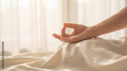 Wallpaper Mural Serene hand meditating on bed, fostering a tranquil state of mind, capturing the essence of peace and mindfulness. Torontodigital.ca