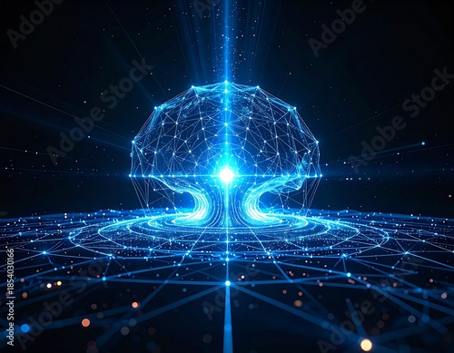 Futuristic Artificial Intelligence Energy Core Emerging from Digital Data Grid with Glowing Network Particles and Advanced Technology Background