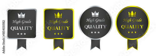 Set of shiny silver and gold luxury badges and labels featuring metallic frames, polished chrome accents, and elegant decorative details for premium packaging and high-end brand design