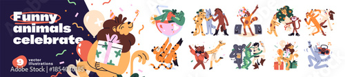 Funny animals celebrate holidays set. Cute anthropomorphic lion, monkey, dog and frog have fun at party. Happy characters dance and greet. Flat isolated vector illustrations on white background.