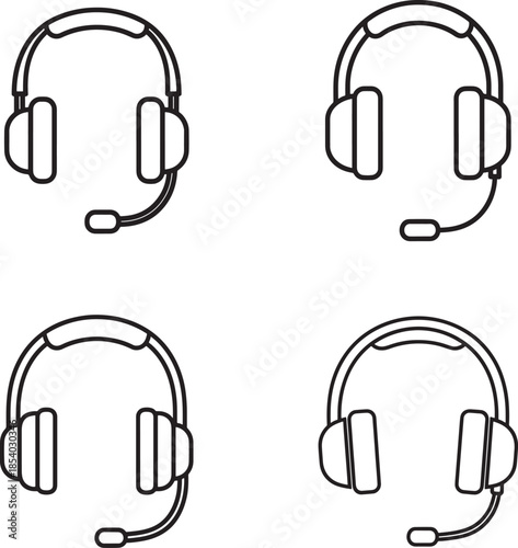 Four identical headsets with microphones in different orientations
