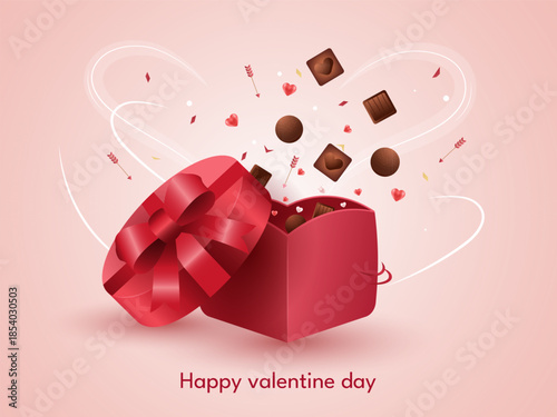 Happy Valentines day greeting card, Love theme, chocolate gift box with abstract background vector illustration.