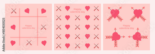 Set of three Valentines day greeting card design on 14th February celebration background, Romantic elements,hearts, love and love game vector illustration.