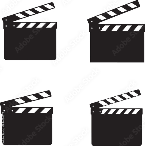 Four black film clapboards with white stripes on solid white background