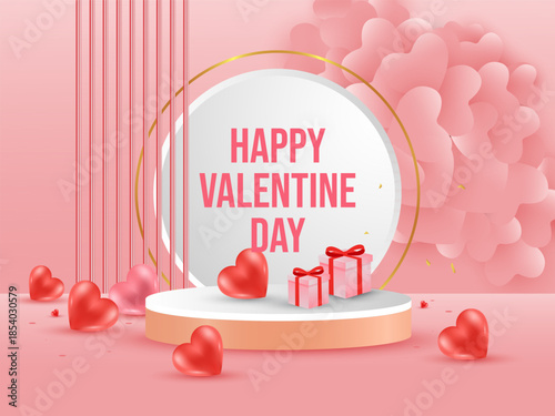 3D Valentine product display pedestal podium background design with lots of hearts and gift box, Vector Illustration.