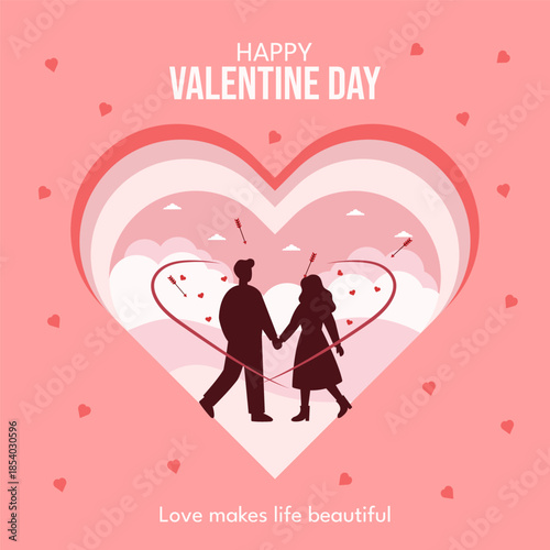Happy Valentines day greeting card, Love theme, Couple standing with each other on abstract background vector illustration.
