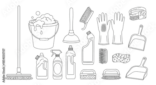 Wide array of household cleaning supply icons in line art including a mop bucket spray bottles brushes gloves and sponges.