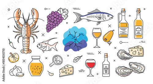 Extensive collection of mediterranean food icons including lobster fish wine cheese grapes oysters and oil in a clean line art style.