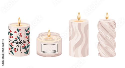 Set of four decorative scented candles including a jar and pillars with floral waves and twisted textures in neutral colors.