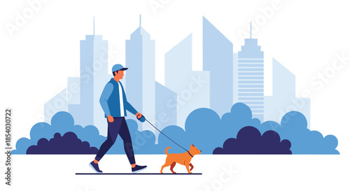 Man walking his brown dog on a leash through a city park area with tall blue skyscrapers and buildings in the background.