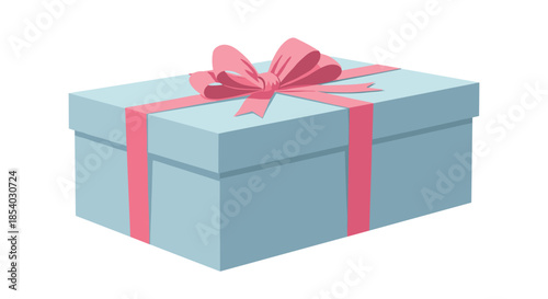 Light blue gift box with pink ribbon and a large decorative bow angled on a white background for special celebrations and holidays.