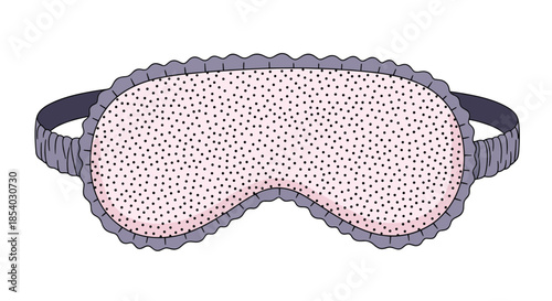 Soft pink eye mask with black polka dots and a ruffled edge designed for comfortable sleep and blocking out light in style.