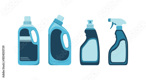 Group of four different blue plastic bottles for household cleaning including spray and laundry detergent on white background.