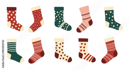 Colorful collection of ten pairs of patterned socks with hearts stars stripes and dots for a fun and stylish winter wardrobe.