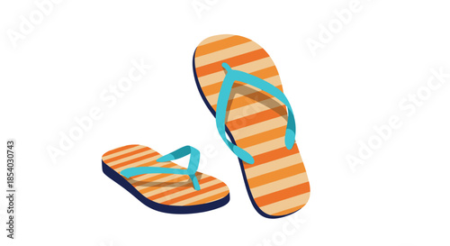 Pair of bright orange and tan striped flip-flops with turquoise straps perfect for a summer day at the beach or pool side.