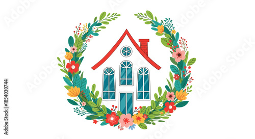 Simple white house with a red roof enclosed in a lush circular wreath of green leaves and colorful spring flowers on white.