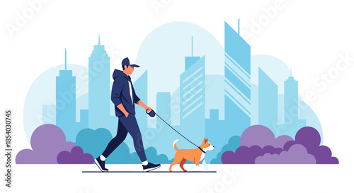 Man in a dark blue hoodie and cap walking his dog through a city park area with tall blue and purple building silhouettes.