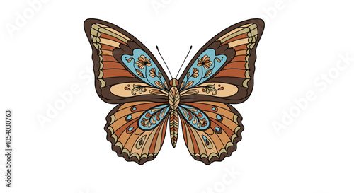 Beautiful large butterfly illustration with intricate floral and geometric patterns on its brown and light blue wings on white.