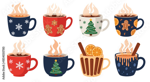 Collection of eight cozy winter mugs filled with hot beverages and decorated with snowflakes gingerbread men and christmas trees.
