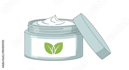 Jar of white cosmetic cream with a green leaf logo on the label and its lid leaning against it for organic skincare presentation.