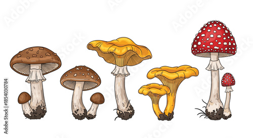 Set of detailed mushroom illustrations with various colors and shapes including brown porcini yellow chanterelles and red amanita.