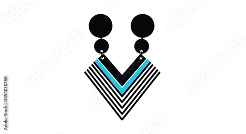 Pair of stylish geometric earrings with black circles and V-shaped dangles in black white and turquoise colors on a white background.