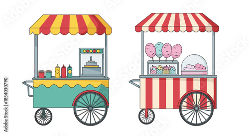 Two colorful food carts with striped awnings one selling hot dogs and snacks and the other selling pink cotton candy for a fair.
