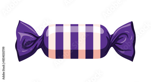 Single wrapped hard candy with purple and white stripes and twisted ends for a sweet treat or confectionery shop display.