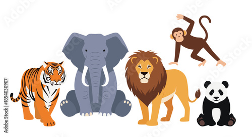 Illustration of diverse wild animals including a tiger elephant lion monkey and panda sitting together on a white background.