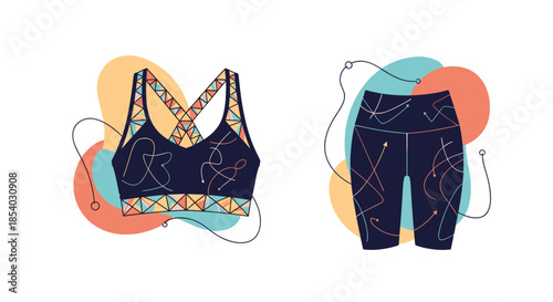 Two piece women athletic wear set featuring a patterned sports bra and matching biker shorts with colorful abstract designs.