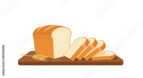 Sliced loaf of fresh white bread resting on a wooden cutting board accompanied by a few sprigs of wheat on the side.