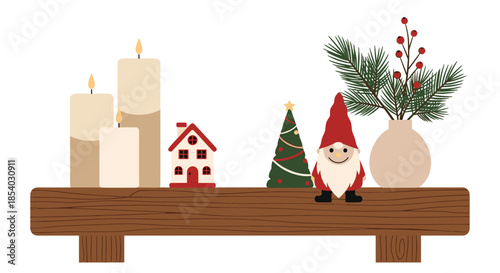 Festive Christmas shelf display featuring candles a small decorative house a gnome and a vase with pine needles and berries.