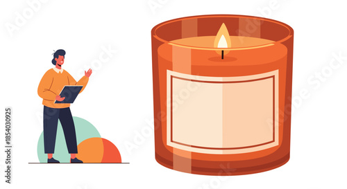 Large orange scented candle in a glass jar next to a stylized illustration of a person holding a clipboard and pen.