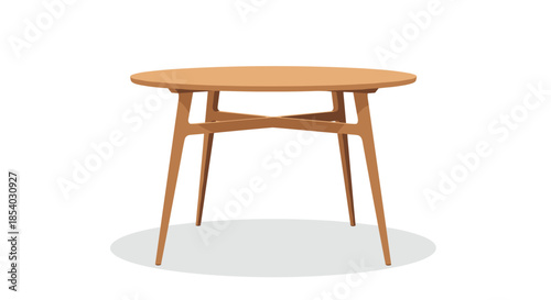Simple round wooden dining table with a four leg support base shown from a side perspective on a white background.