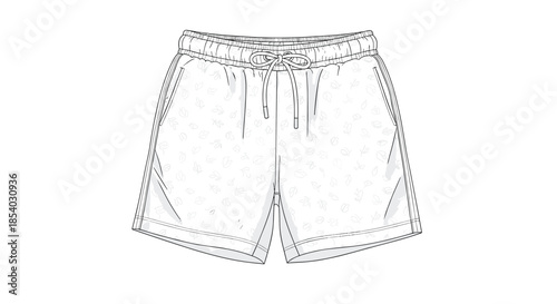 Technical drawing or outline of a pair of casual drawstring shorts with a subtle leaf pattern on a white background.