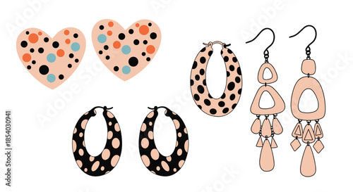 Assorted fashion earrings including heart studs leopard print hoops and long pink dangles shown on a white background.