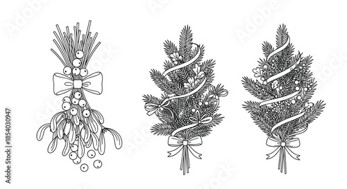 Collection of three elegant hand drawn holiday bouquets featuring pine branches mistletoe berries and decorative ribbons.