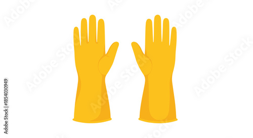 Pair of yellow rubber gloves for household cleaning and protection shown in a symmetrical position on a white surface.
