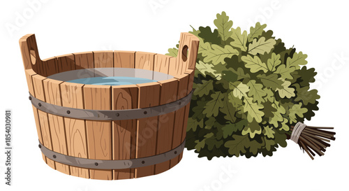 Traditional wooden sauna bucket filled with water next to a bunch of oak branches for steam and relaxation therapy.