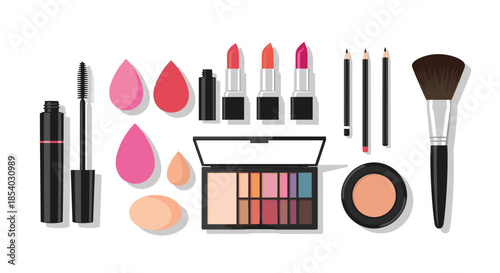 Professional makeup kit with mascara lipsticks eyeshadow palette sponges and brushes for beauty and cosmetic care.