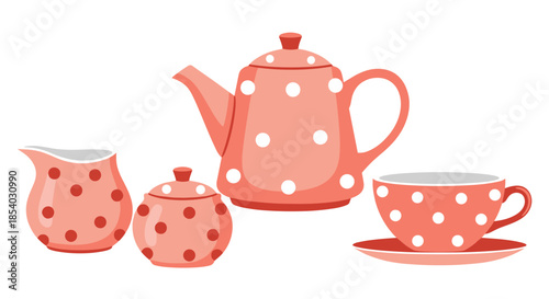 Vintage style polka dot tea set featuring a teapot sugar bowl creamer and a tea cup on a saucer in salmon pink tones.